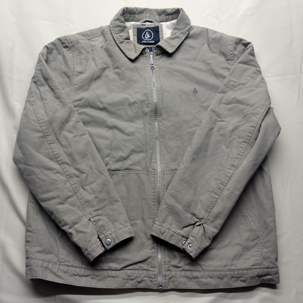 Volcom Mens XL Canvas Sherpa Lined Workwear Jacket Khaki Grey Full Zip Coat